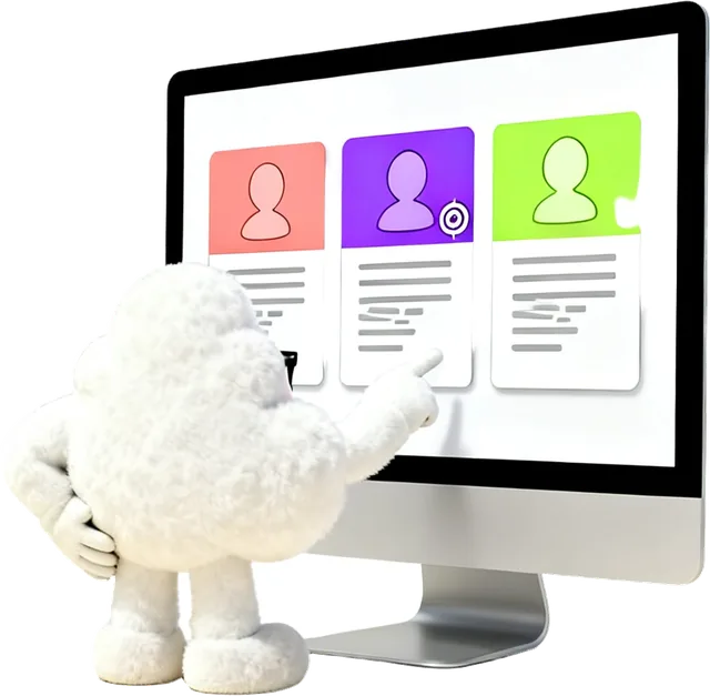 Nuby, de espaldas, revisando tres perfiles de cliente en una pantalla