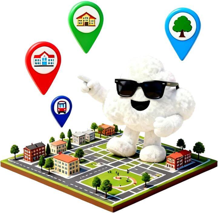 Nuby sobre un mapa del barrio, señalando colegios, metro y parques